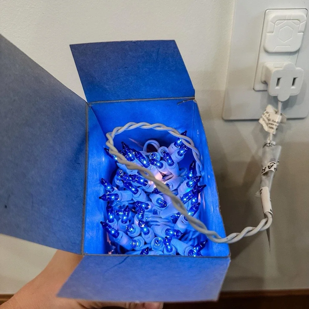 Vtg Everglow Christmas Indoor Outdoor 100 Light String Blue Bulbs White‎ Strand